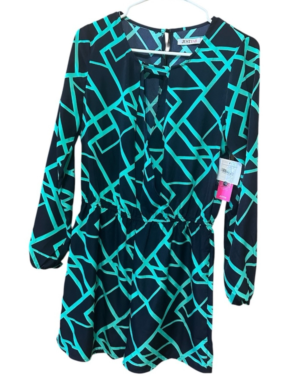 JustFab Romper Small Navy Green Geometric Faux Wrap Long Sleeve NWT - Picture 8 of 12